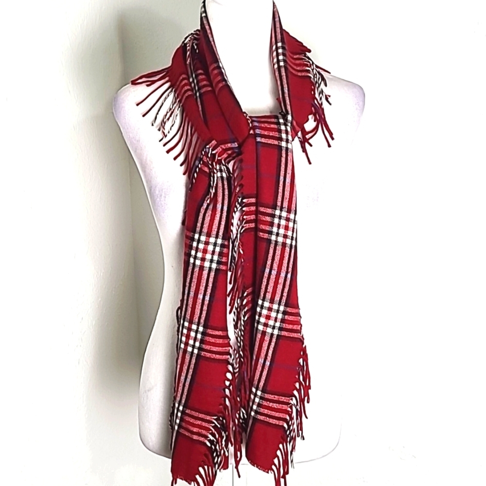 Preston & York Red, Black & White Plaid Scarf with Fringe on each Side